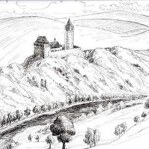 Předpokládaná podoba hradu Velešín kresba R.Hechtb