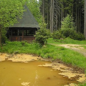 Farská kyselka, dřevěný pavilon a rybníček