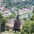 pohled z věže Kotnova, pohled z věže na kapli Sv. Filipa a Jakuba v parku pod Kotnovem a na řeku Lužnici