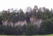 Holštejn, Pohled na skalní masív,místo zříceniny hradu Holštejna.Dole za porostem leží jeskyně Lidomorna.