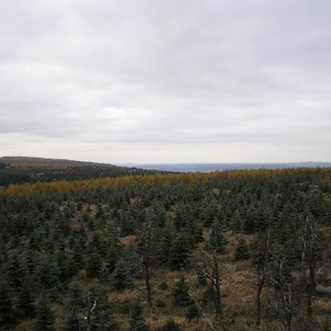Panoramatický výhled na sever, Vlevo Lesenská pláň, úplně vlevo pak její výběžek Eduardova skála, dále pak hřebeny Krušných hor v Německu.