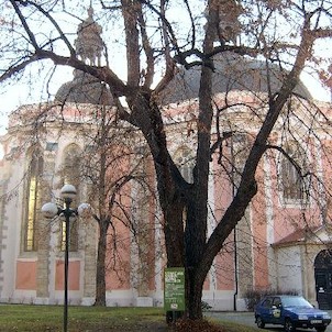 Osmiboká stavba kostela, Osmiboká stavba kostela Panny Marie a Sv.Karla Velikého se třemi kopulemi z r.1756, v lodi odvážně klenutá žebrovou klenbou.